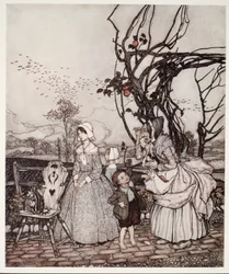 Mor og børn, der kommer tilbage fra at samle æbler, fra Rip Van Winkle af Washington Irving, pub. 1910