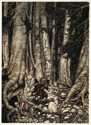 Gensidigt afløste hinanden klatrede de op i en smal kløft., fra Rip Van Winkle af Washington Irving, pub. 1910