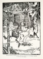 Rundt om bålet sprang en ubeskriveligt latterlig lille mand, hoppede på et ben og sang, fra The Fairy Tales of the Brothers Grimm, pub. 1909