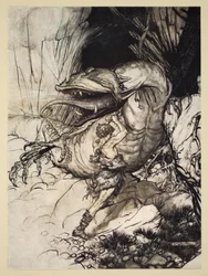 Siegfried dræber Fafner, illustration fra 
