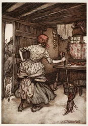 Så han var omhyggelig med at trække sine kræfter af og gå til ydersiden af huset - den eneste side, som i sandhed tilhører den hønsehakkede ægtemand., fra Rip Van Winkle af Washington Irving, pub. 1910 (
