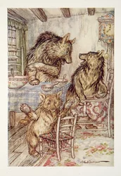 Nogen har siddet i min stol, og har sat sig bunden ud af den! sagde Little, Small, Wee Bear, fra The Arthur Rackham Fairy Book, pub. 1933