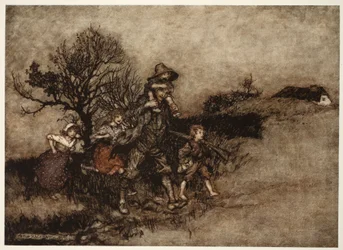 Omgivet af en flok børn., fra Rip Van Winkle af Washington Irving, pub. 1910