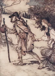Tiggeren tog hende i hånden og førte hende væk fra The Fairy Tales of the Brothers Grimm, pub. 1909