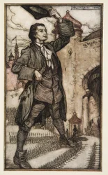 The Emperor of Lilliput gennemgår sine tropper, fra Gullivers rejser af Jonathon Swift (1667 - 1745), pub. 1909 (farve litho)
