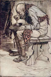 Den gamle mand måtte sidde for sig selv og spise sin mad fra en træskål ... fra Brødrene Grimms eventyr, pub. 1909
