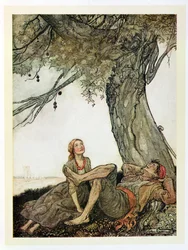 De rejsende og platantræet, illustration fra «Æsops fabler», udgivet af Heinemann, 1912
