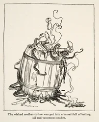 Den onde svigermor blev puttet i en tønde fuld af kogende olie og giftige slanger, fra Little Brother & Little Sister and Other Tales af brødrene Grimm, pub.1917 (litho)