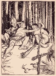 Kæmpen gav den, der sad ved siden af ham, en æske på øret. Illustration af Arthur Rackham fra Grimm