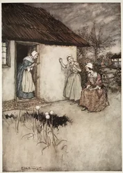 De gode koner i landsbyen undlod aldrig at lægge hele skylden på Dame Van Winkle, fra Rip Van Winkle af Washington Irving, pub. 1910