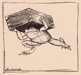 Den lille gik hen og kom med kassen. Illustration af Arthur Rackham fra Grimm