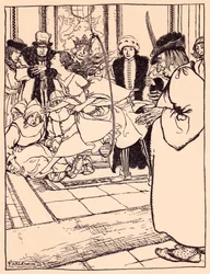 Den smukke pige sprang gennem bøjlen så let som en hjort. Illustration af Arthur Rackham fra Grimms eventyr, De tre fjer.