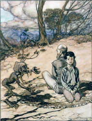 Sønnen lavede en cirkel, og hans far og han tog plads inden i den, og den lille sorte mannek dukkede op, illustration fra Kongen af Det Gyldne Bjerg i Brødrene Grimms eventyr,