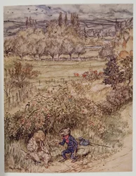 Den vejfarende hilste med en høflig gestus, der havde noget fremmed over sig, fra Wind in the Willows af Kenneth Grahame (1859 - 1932), pub. 1940
