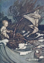 Der rejste sig nu en mægtig storm, og han blev smidt den og den vej.., fra Peter Pan i Kensington Gardens af J M Barrie (1860 - 1937), pub. 1906