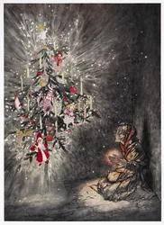 Der sad hun under det smukke juletræ«. En ung pige ser på et stærkt oplyst juletræ. Farveillustration til historien, 