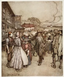De stimlede sammen om ham og så mig fra top til fod med stor nysgerrighed., fra Rip Van Winkle af Washington Irving, pub. 1910
