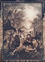 De arbejdede sig i sådan en raseri, at de rev træer op med rødderne og hakkede på hinanden, indtil de begge faldt døde, fra The Fairy Tales of the Brothers Grimm, pub. 1909