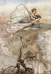 Titania the Queen of Fees flyver med sit skiftebarn på ryggen. Illustration af Arthur RACKHAM (1867-1939) til Drømmen om en sommernat af William SHAKESPEARE