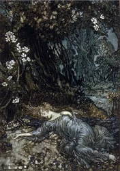 Honorernes Dronning Titania sover. Illustration af Arthur RACKHAM (1867-1939) til Drømmen om en sommernat af William SHAKESPEARE