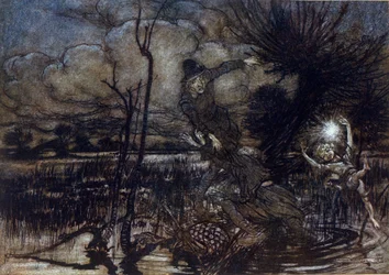 To karakterer formår ikke at drukne i sumpen, Puck hjælper dem med en brand. Illustration af Arthur RACKHAM (1867-1939) til Drømmen om en sommernat af William SHAKESPEARE