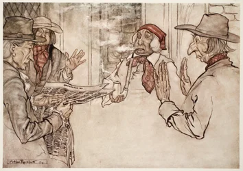 Når noget mishagede ham, sås han ryge sin pibe heftigt og udsende korte, hyppige og vrede pust, fra Rip Van Winkle af Washington Irving, udgivet 1910