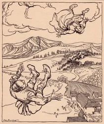 Da hendes mand så hende, råbte han: Hej! kom til mig her". Illustration af Arthur Rackham fra Grimm