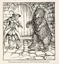 Da bjørnen hørte musikken, kunne han ikke lade være med at begynde at danse, fra Little Brother & Little Sister and Other Tales af brødrene Grimm, pub.1917 (litho)
