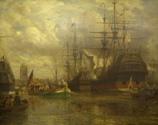 Dronning Elizabeth passerer ned ad Avon for at besøge Hungroad, 1574, 1916