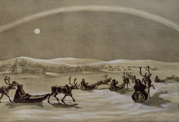 Et enestående udseende af nordlyset over en Laplanders flok rensdyr, der krydser Jerdis Javri, fra vinterskitser i Lapland, indgraveret af James Duffield Harding (1798-1863) 1825 (graveret