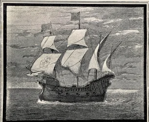 Spansk galeon fra det 16. århundrede. Gravering. SPANIEN. ARAGON. Zaragoza. Generelt militærakademi
