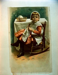 Et barn, der strikker (farvelitografi)