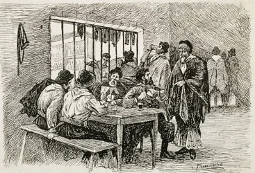 Argentina (20. århundrede). "Pulperia", et værtshus og en spiritusbutik. Illustration af T.Tamarera. Gravering