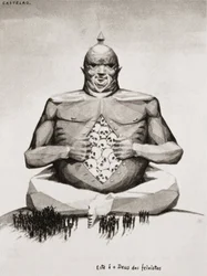 CASTELAO, Daniel Alfonso Rodriguez (1886-1950). Spansk fortæller, humorist, tegner, antropolog og politiker. Den spanske borgerkrig (1936-1939). "Dette er fascisternes gud." Billede af serien "Galicia martir" (Martyr Galicien) af Alfonso Ro