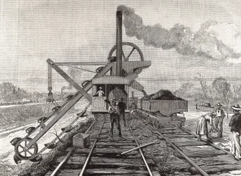 Konstruktion af Panamakanalen. Uddybningsarbejde i landsbyen Culebra. Originaltegning af Meltor Prior. Billedet blev offentliggjort i "The Illustrated London News". Gravering.