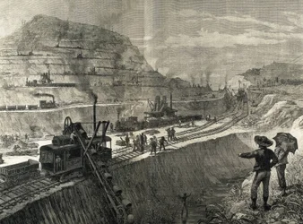 Konstruktion af Panamakanalen. Uddybningsarbejde i landsbyen Culebra. Originaltegning af Meltor Prior. Billedet blev offentliggjort i "The Illustrated London News". Gravering.