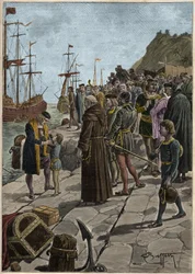 Christopher Columbus og hans ledsagere tager af sted fra havnen i Palos i Spanien 3. august.