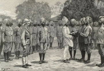 England (19. århundrede). Kolonisering. Indien. De nye regimenter i Burmah. Nye rekrutter aflægger ed. Gravering. Privat samling