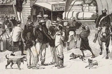 England (C19th). Kolonisering (1880). Guldgravernes liv i Australien. Den engelske koloni Botany Bay (grundlagt i 1788) og oprindeligt mest befolket af kriminelle, der blev guldgravere og handelsfolk. Gravering. Privat samling