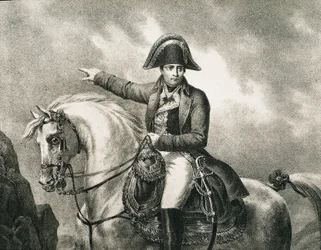 NAPOLEON I Bonaparte (1769-1821). Fransk militærmand og politiker, kejser af Frankrig (1804-1815). Detalje af et rytterportræt af Napoleon, inspireret af det originale portræt af Joseph Chabord. Gravering