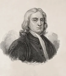 Newton, Sir Isaac (1642-1727). Engelsk matematiker, fysiker og astronom; GUADAGNINI, Gaetano (1800-1860). Italiensk gravør. Portræt af Isaac Newton, værk af Gaetano Guadagnini. Gravering. ITALIEN. LOMBARDY. Milano. Civica Raccolta delle Stampe "Achi