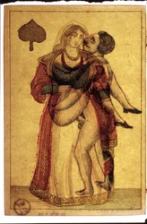 Gamle spillekort: erotisk scene. Musée de la Carte à Plouer, Issy-les-Moulineaux.