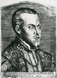PHILIP II af Spanien (1527-1598). Konge af Spanien (1556-1598) og Portugal (1580-1598). Portræt af Philip stadig som prins. Xylografi.