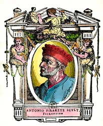 Portræt af Antonio Filarete (Antonio di Pietro Averlino eller Averulino), florentinsk billedhugger (stik)