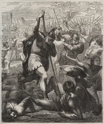 Repræsentation af Pelage, den sejrende konge af Asturien, der triumferer over saracenerne, 719, Covadonga, Spanien"