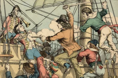 Robert Surcouf Fransk sømand og korsar, her ved ombordstigning på den engelske båd "Triton" i 1796 (kobberstik)