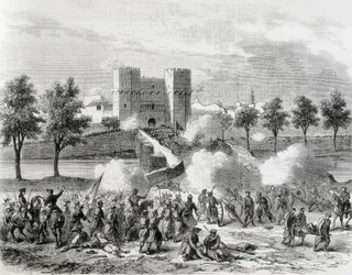 Spanien (1868). Den glorværdige revolution. Regeringstroppernes angreb på Serrans-porten i Valencia. Gravering fra "The Illustration. Jorinal Universal". Ætsning