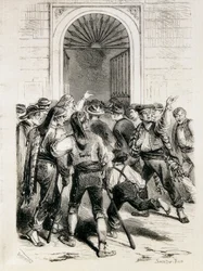 Spanien (1873). Proklamation af den første republik og stormning af Barcelonas rådhus (11. februar 1873). Ætsning.
