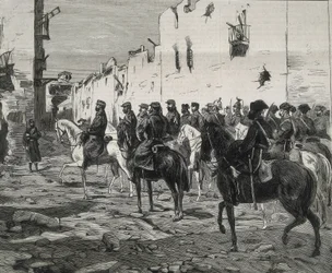 Spanien. Den første republik (1873-1874). Kantonen Cartagena. Generalen Jose Lopez Dominguez i Cartagena efter kantonalisternes kapitulation. Billedet er udgivet i "La Ilustracion Espanola y Americana". Ætsning.
