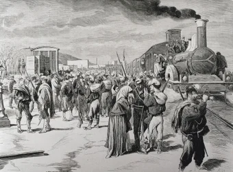 Spanien. Tredje carlistiske krig. Afgang af en frikorpsbataljon mod Carlisterne fra Barcelona. Billede fra "La Ilustracion espanola y americana" (8. april 1873). Gravering
